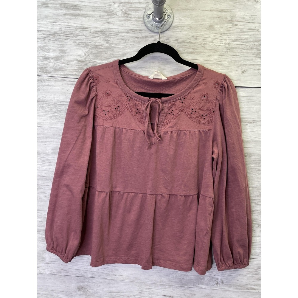 Lucky Brand Womens M Pink Embroidered Tiered Tunic Long Sleeve Cotton RN 80318